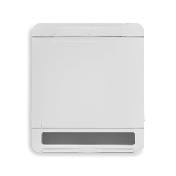 A white Glide Phone Stand featuring a sleek design with a grey base and a logo on the surface.