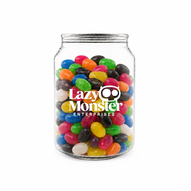 A clear jar filled with assorted jelly beans in vibrant colours, including black, white, pink, and blue.