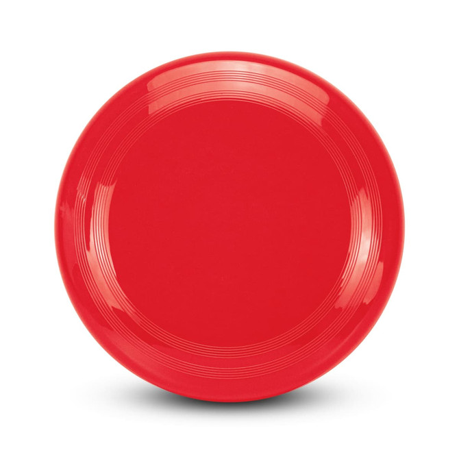 A red flying disc with a smooth surface and subtle circular ridges around the edge.