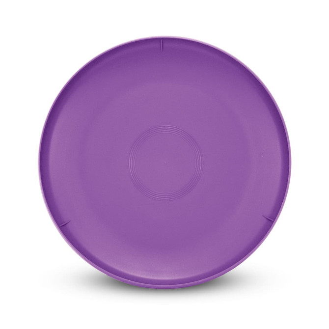 A large purple flying disc with a smooth surface and circular shape, featuring a logo in the centre.