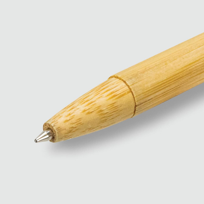 A bamboo pen with a natural finish, featuring a silver nib and a sleek design.