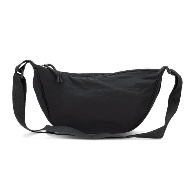 A black moon bag with a zippered closure and an adjustable strap. It features a simple, modern design.