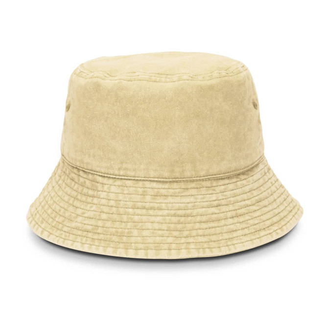 A light beige bucket hat with a structured brim and subtle texture, featuring side ventilation holes and a logo.