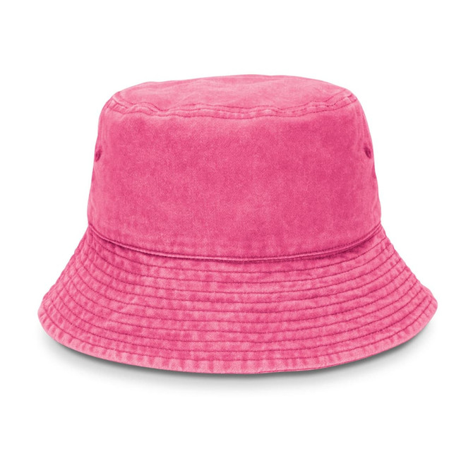 A pink bucket hat featuring a wide brim and textured fabric. It has ventilation holes and a logo.