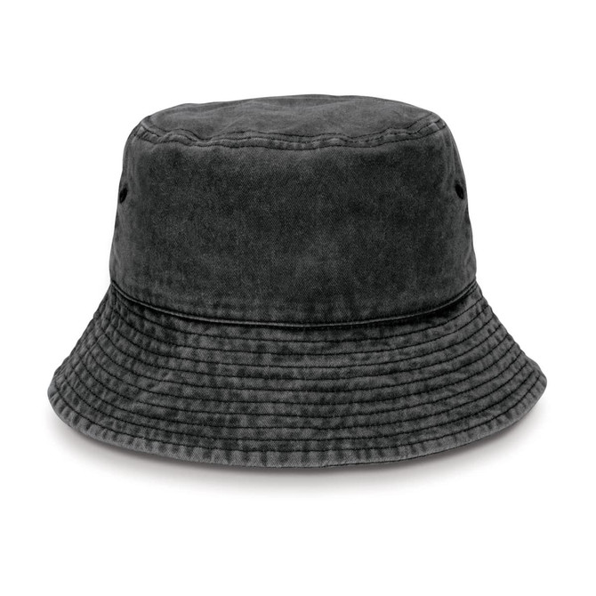 A black bucket hat featuring a textured finish and a wide brim, with ventilation eyelets and a branding logo.