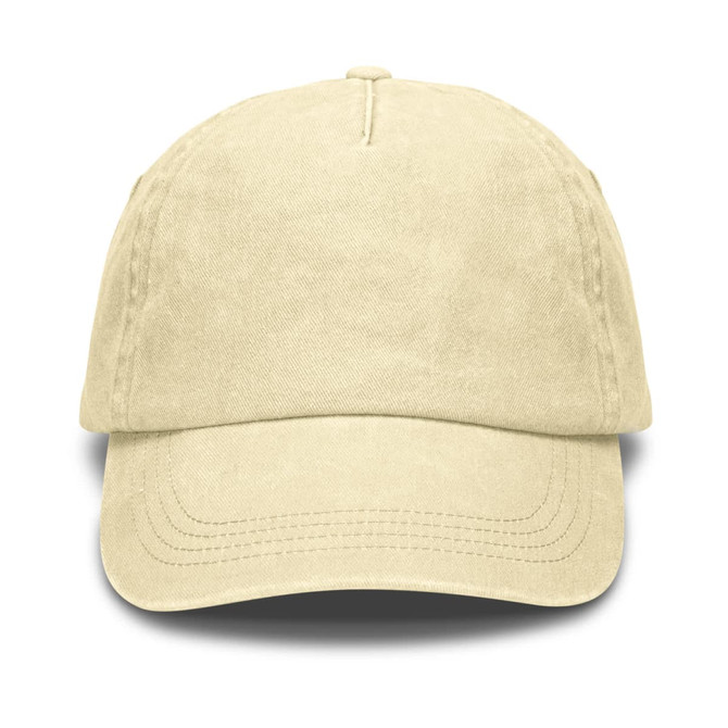 A vintage washed cap in a light beige shade with a curved brim and a logo on the front.
