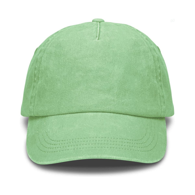 A vintage washed cap in a soft green colour, featuring a structured design and a logo on the front.
