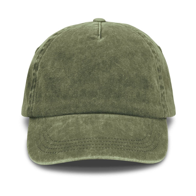 A vintage washed cap in olive green featuring a soft, textured fabric and a curved peak. It includes a logo on the front.