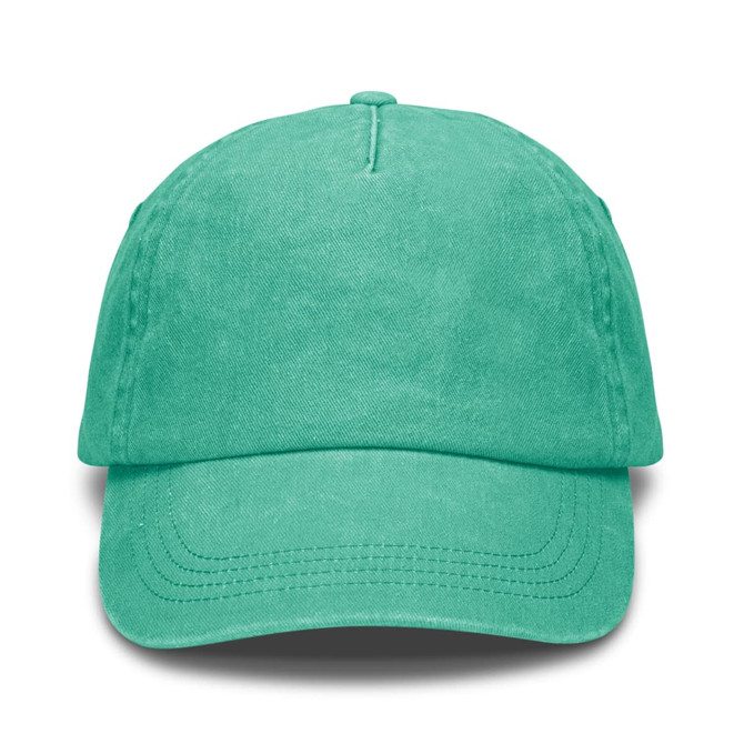 A vintage washed cap in a vibrant turquoise colour with a logo.