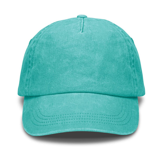 A vintage washed cap in a vibrant turquoise colour, featuring a simple design and a logo on the front.
