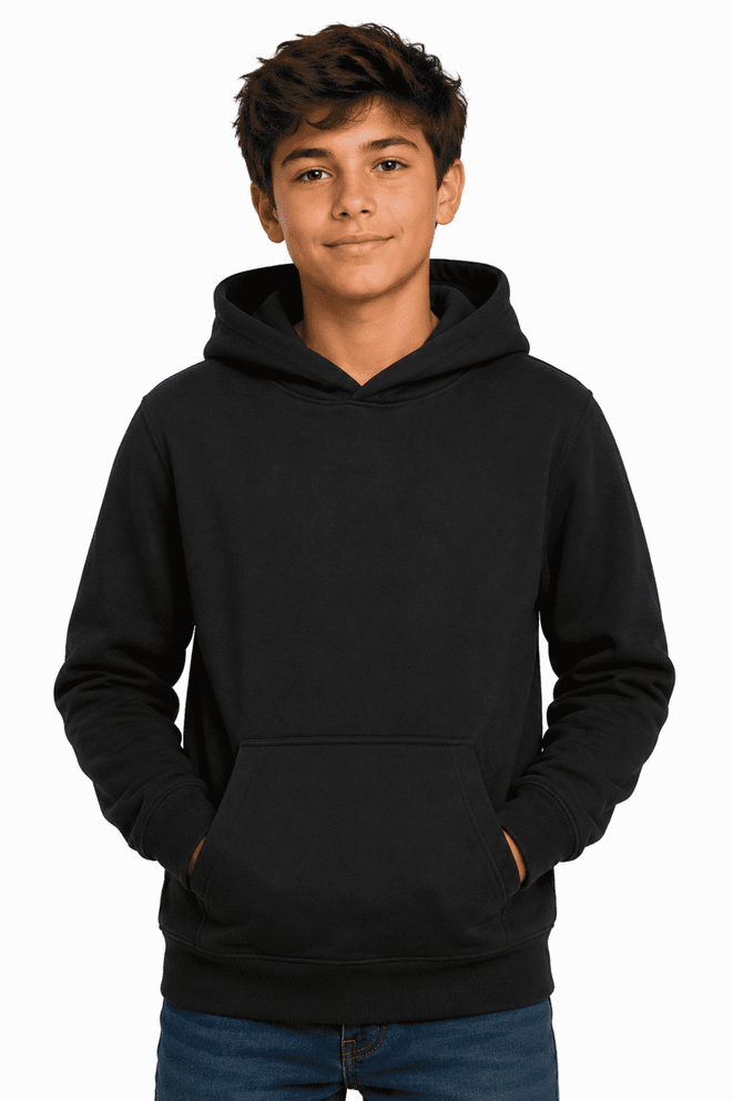 A black hoodie with a front pocket and a hood, worn by a young boy. It features a logo on the front.