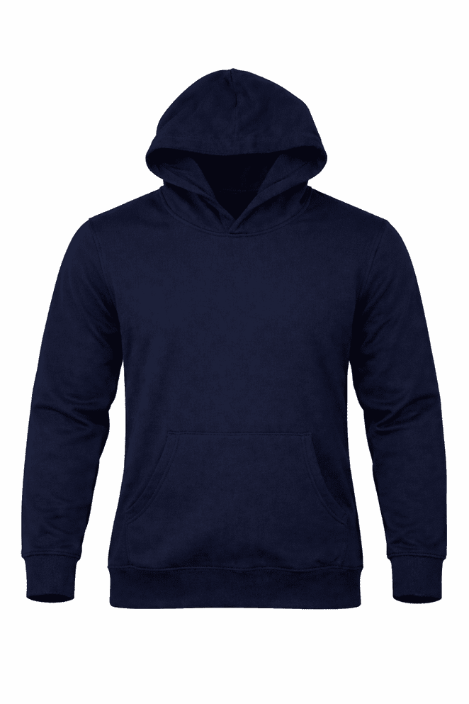 A navy hoodie with a front pocket and a drawstring hood, featuring a subtle design and a logo.