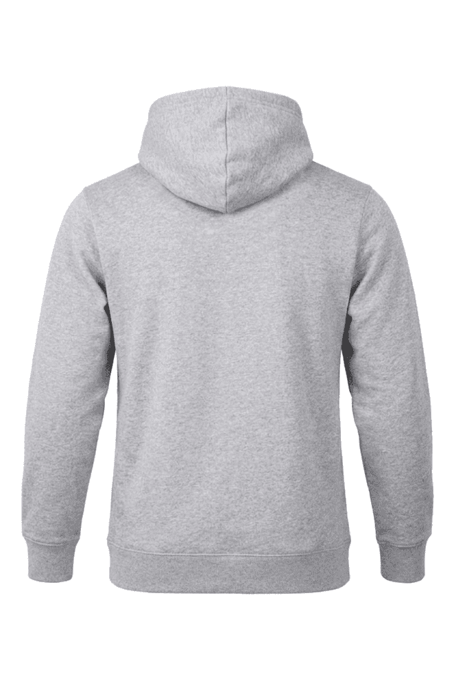 A grey men's hoodie with a hood, featuring a simple design and a branded label on the back.