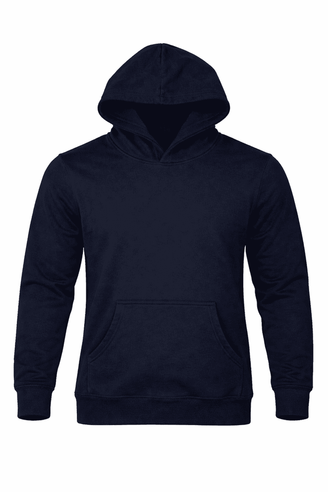 A navy blue men's hoodie featuring a front pocket and a hood, with a branding logo.