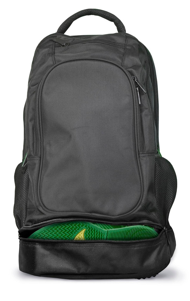 A black backpack with a spacious main compartment and green accents, featuring mesh side pockets and a handle.