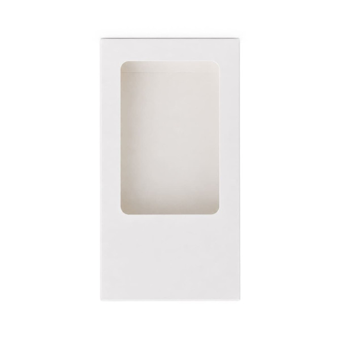 A white product box with a transparent window on the front, presenting a clean and minimalistic design.
