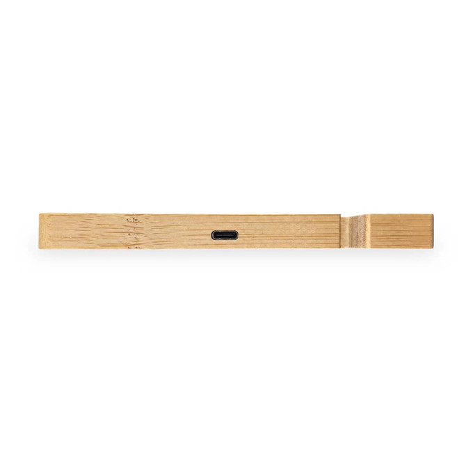 A wooden charging stand in a light finish, featuring a central USB-C port.