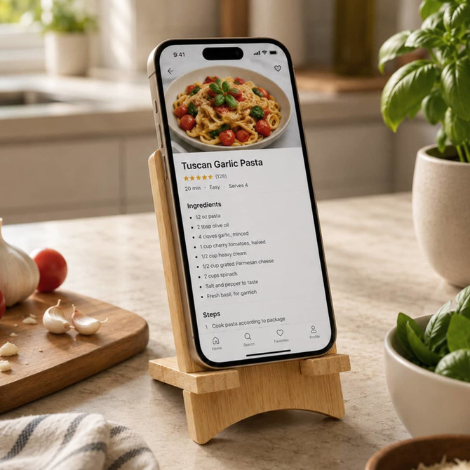 A wooden charging stand with a smartphone displaying a pasta recipe, surrounded by kitchen items and greenery.