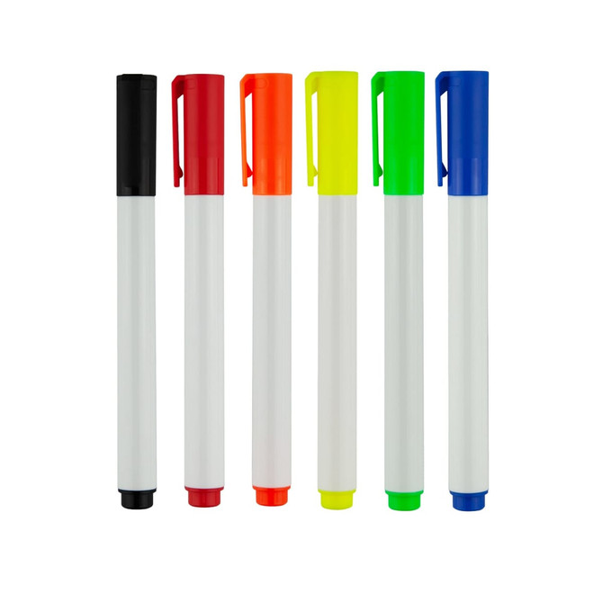 A set of whiteboard markers in black, red, orange, yellow, green, and blue with white barrels and coloured caps.
