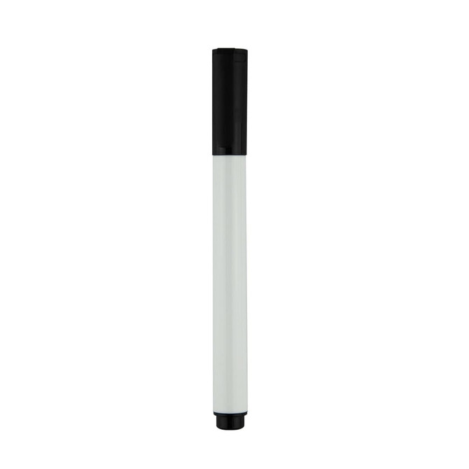 A whiteboard marker with a white body and a black cap. It features branding on its side.
