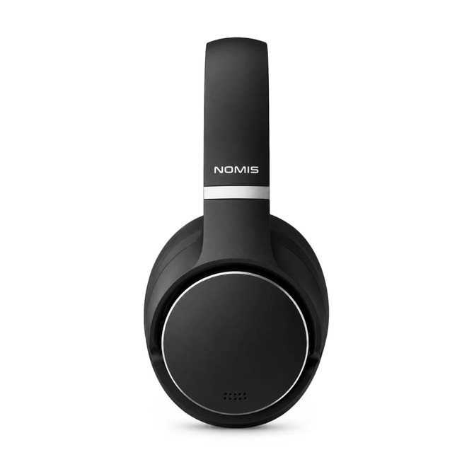 A pair of black over-ear headphones with a sleek design and a visible logo on the side.
