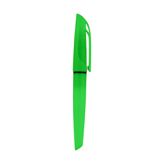 A green highlighter pen with a translucent cap, featuring a sleek design and a branding logo.