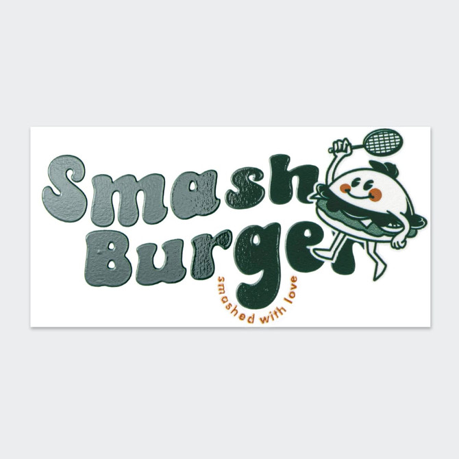 A sticker featuring the name "Smash Burger" in green and orange, with a character holding a tennis racket.