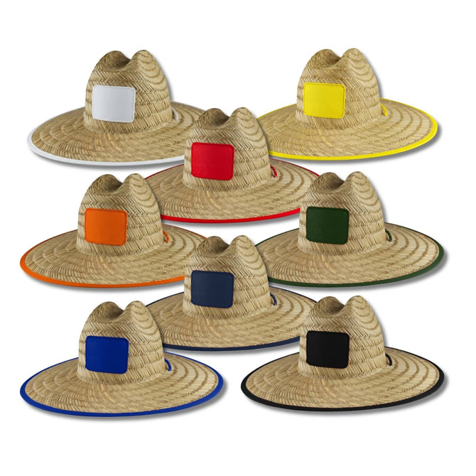 A collection of straw beach hats in various colours, each with a blank patch for logos.