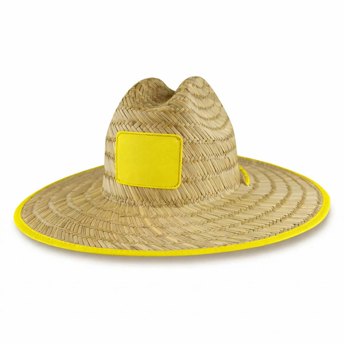 A straw hat featuring a wide brim and a yellow trim, with a blank patch for branding.