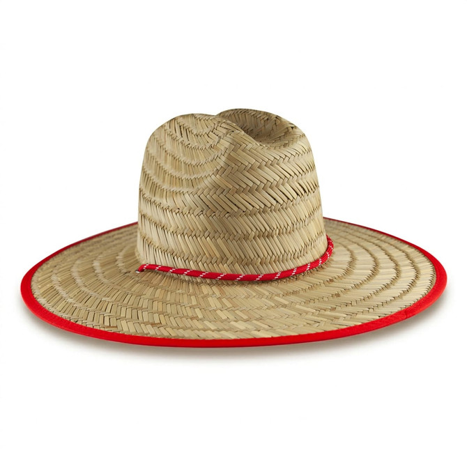 A straw beach hat in light brown with a wide brim and red detailing around the edge. It has a woven texture and a logo.