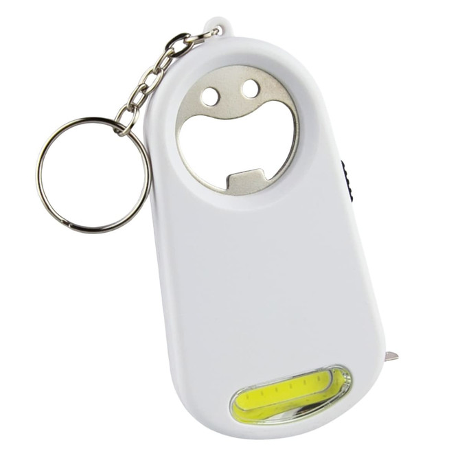 A drink bottle opener key ring in white, featuring a torch and a metallic opener with a smiley face design.