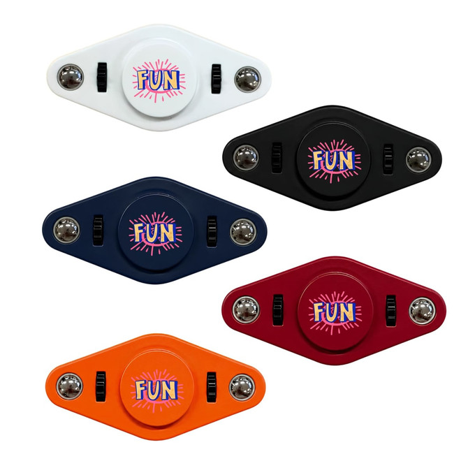 A set of five Vibro Fidget Spinners in white, black, navy, red, and orange, featuring a colourful logo.