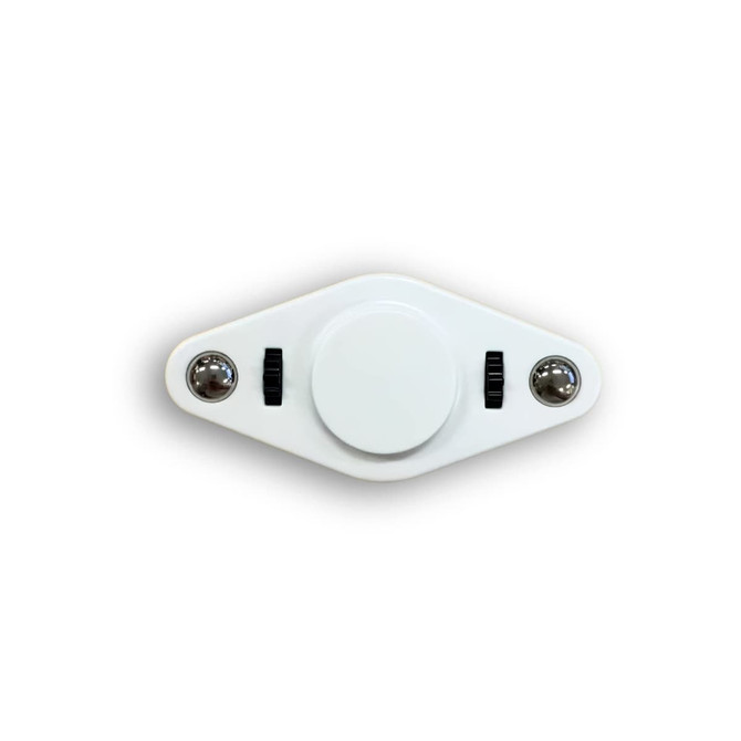 A white Vibro Fidget Spinner with two silver balls and textured grips on either side.
