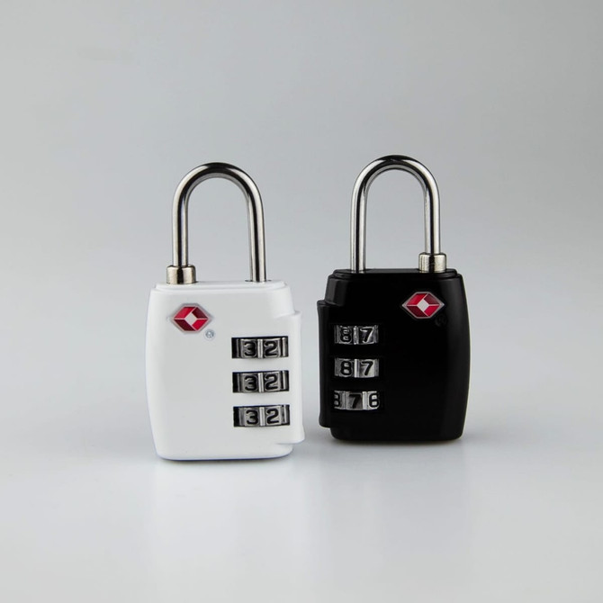 A portable TSA lock set featuring a white and a black lock with combination dials and a logo.