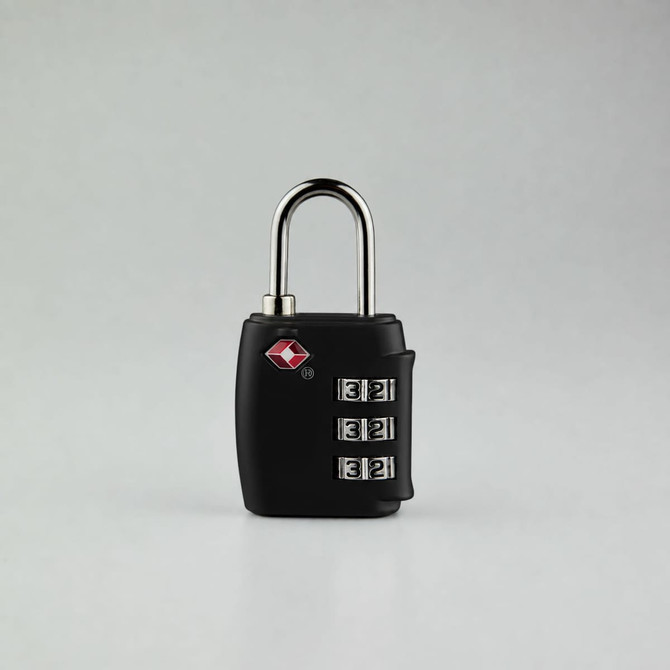 A black portable TSA lock featuring a silver shackle and three combination dials, with a logo on the side.