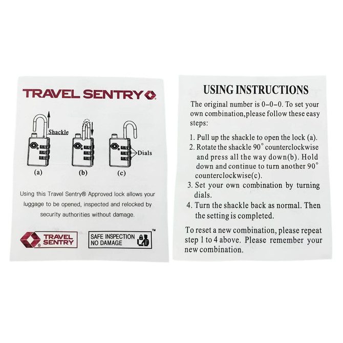 A portable luggage TSA lock featuring a shackle and combination dials, with instructions and a logo.