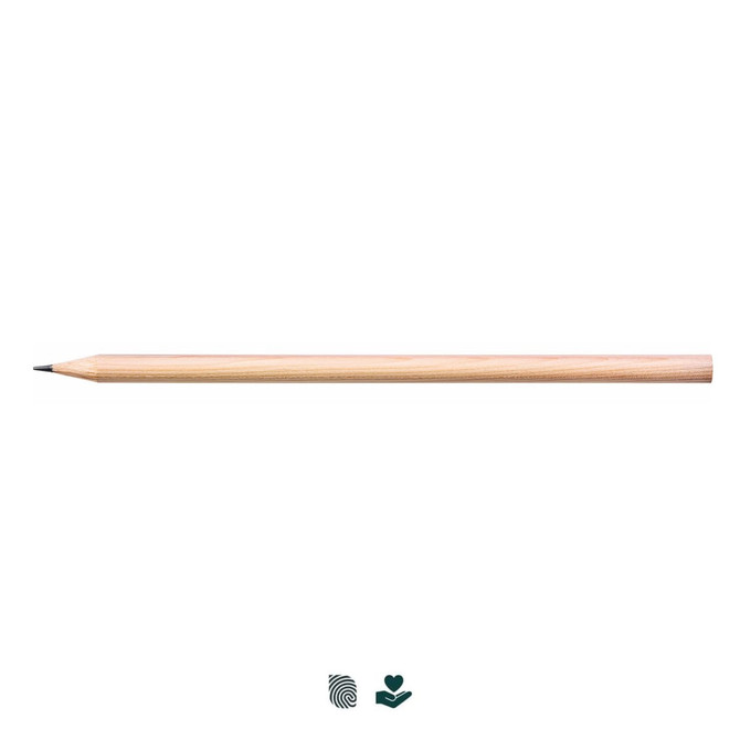 A round barrel graphite pencil in natural wood finish with a dark pencil tip, featuring a logo.