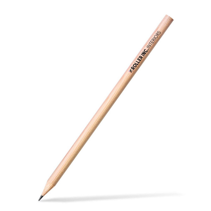 A wooden graphite pencil with a round barrel and a sharpened tip, featuring a logo on the side.