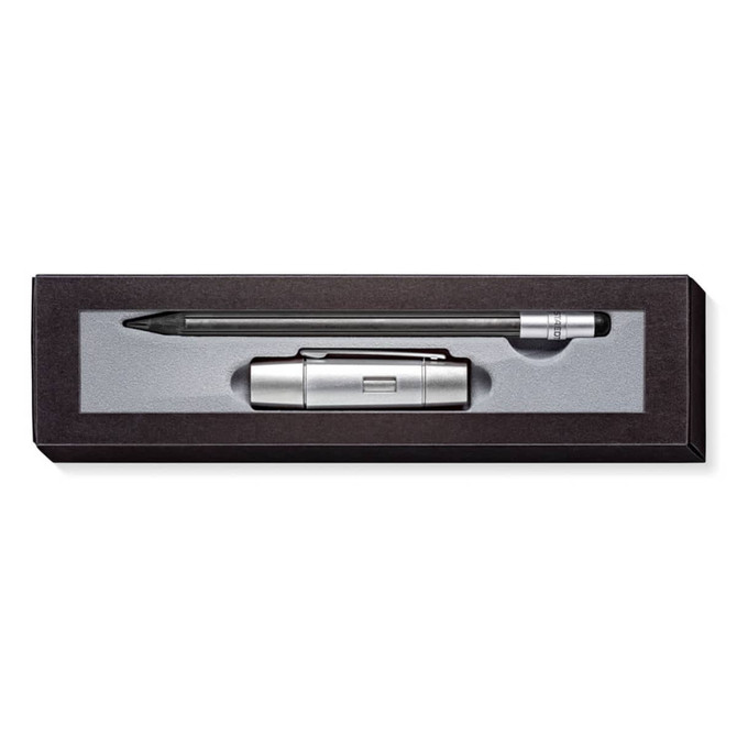 A pencil set in a sleek black box, featuring a silver pencil and a black pen, with a minimalist design.