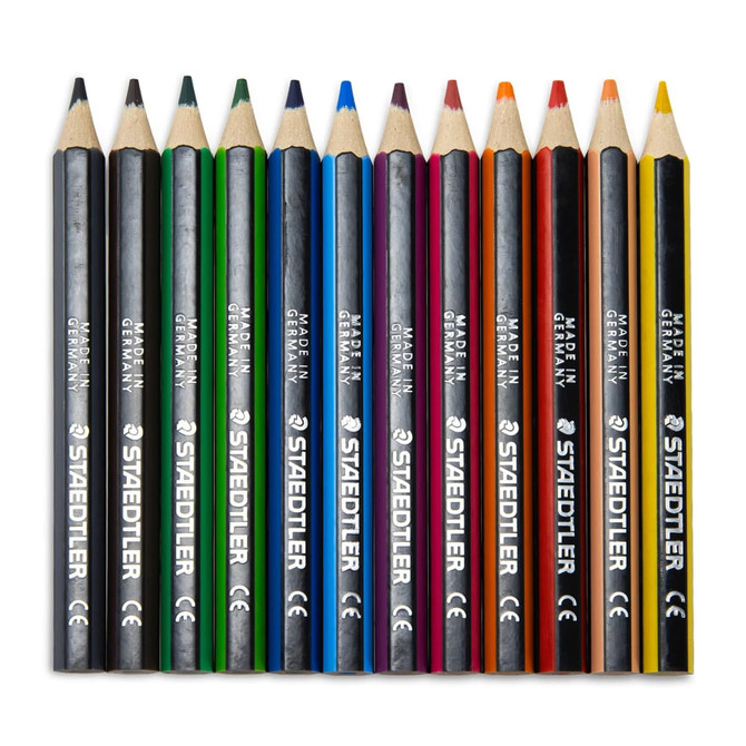 A set of 12 Staedtler colouring pencils in various colours, featuring a logo and individual pencil details.