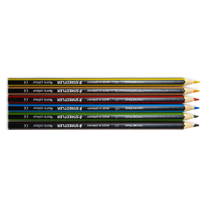 A colouring pencil set of six includes yellow, red, blue, green, black, and brown pencils, with branding visible.