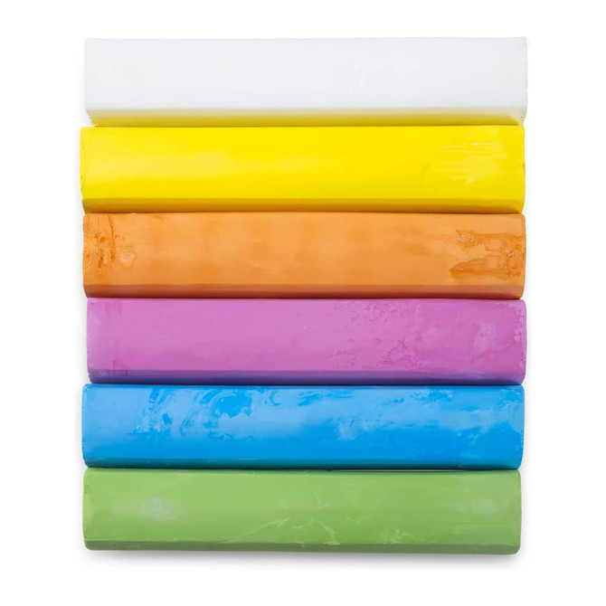 A set of assorted sidewalk chalk sticks in white, yellow, orange, pink, blue, and green, with a visible logo.