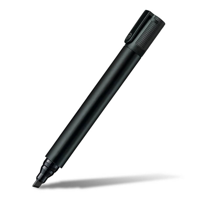 A black permanent marker with a chisel tip, featuring a textured grip and a cap. Logo visible on the barrel.