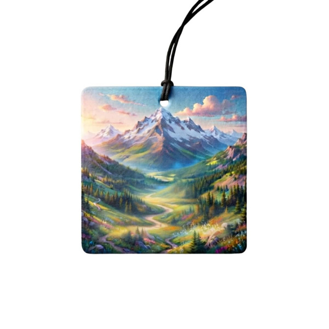 A square air freshener featuring a scenic mountain landscape with vibrant colours and a black attachment cord.