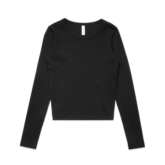 A black long-sleeve t-shirt with a fitted design and a crew neckline. It features a branding logo.
