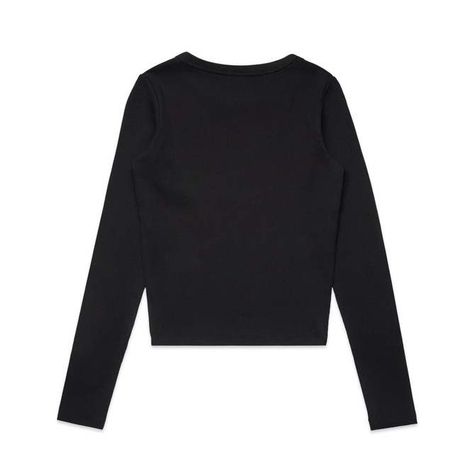 A black long-sleeve tee featuring a simple design and a logo. The back view showcases a fitted silhouette.