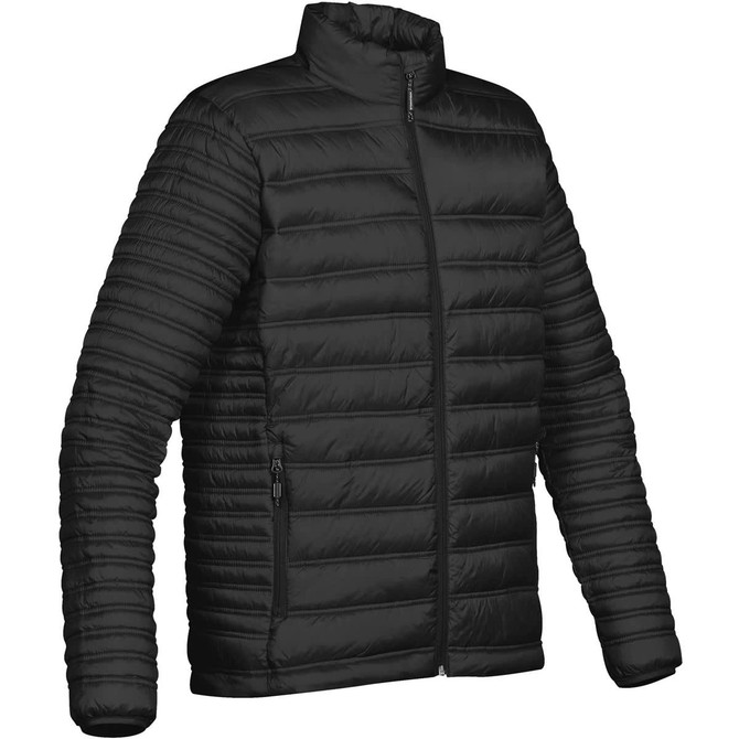 A black puffer jacket featuring a zip front, long sleeves, and a stand-up collar. It has a logo on it.