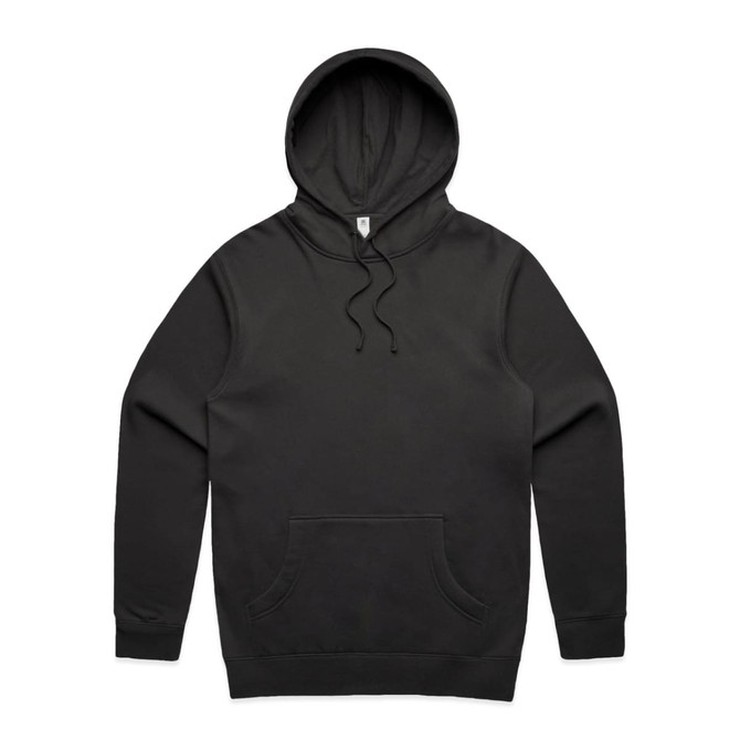 A black hoodie with a front pocket and an adjustable drawstring hood. Features a logo.