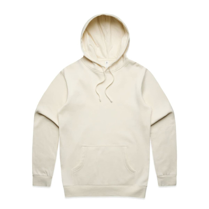 A cream-coloured hoodie featuring a front pocket and a drawstring hood, with a logo on the sleeve.