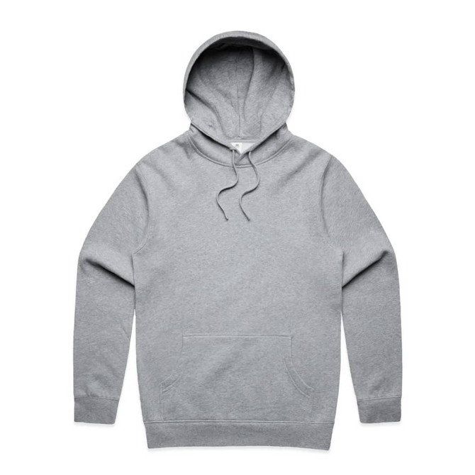 A grey hoodie with a front pocket and drawstring hood, featuring a small logo on the front.